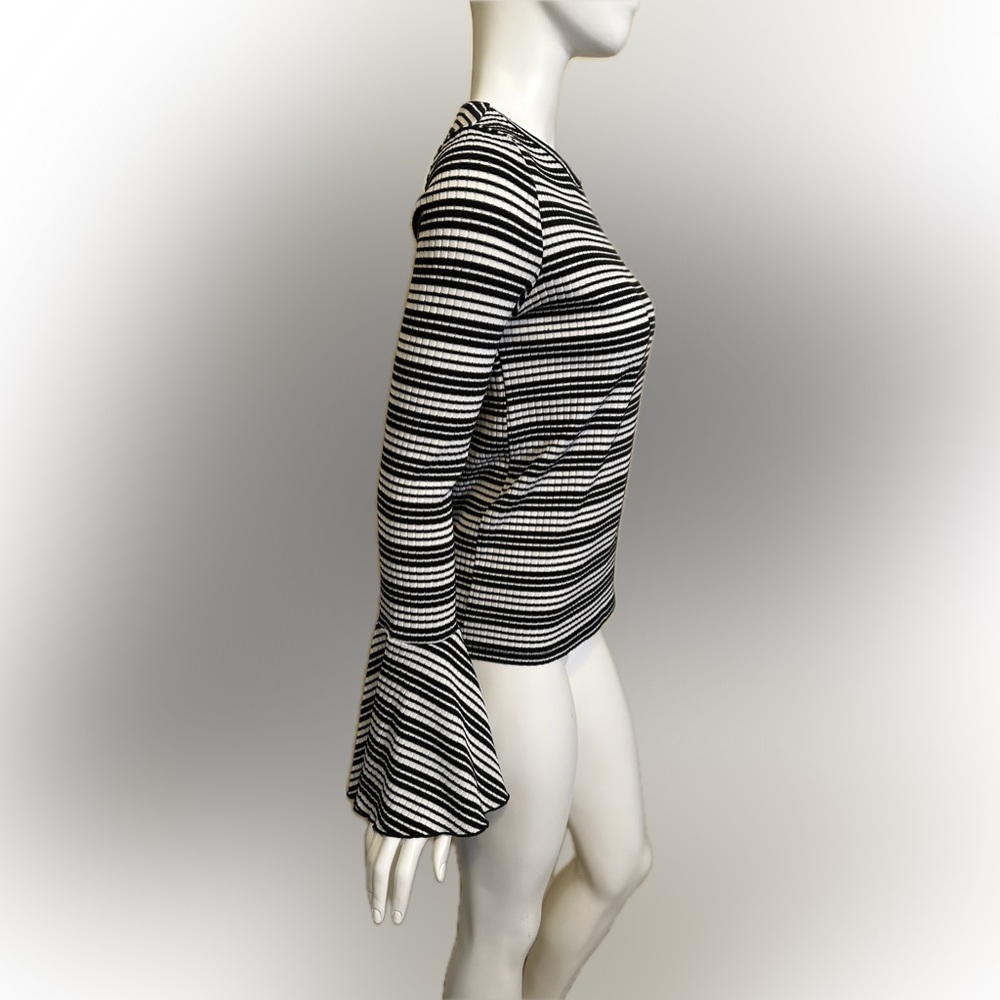 Zara Trafaluc Top Back White Striped Flounce Bell Sleeve Ribbed Womens Small - Picture 2 of 8